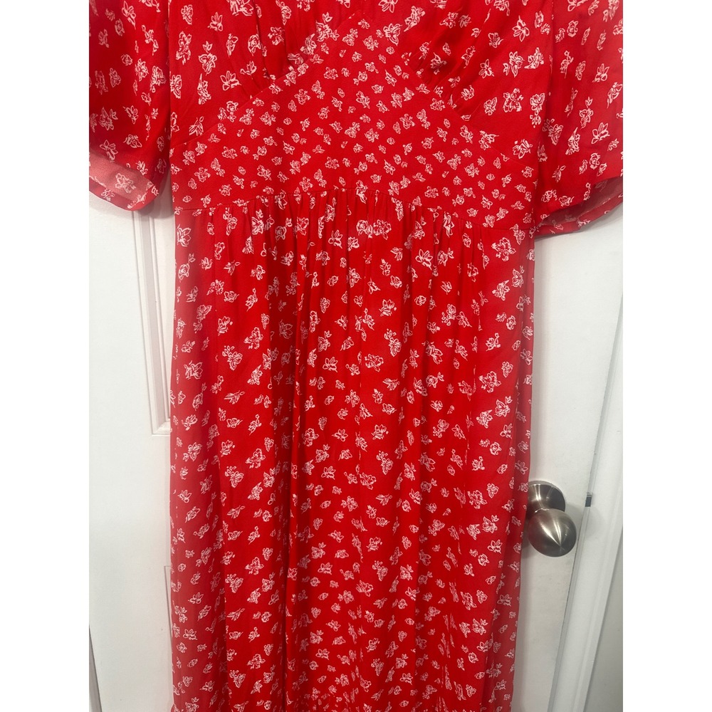 French Connection Red Floral V-Neck Midi Dress Empire Waist Ruffle Hem Size 6 - Picture 6 of 12